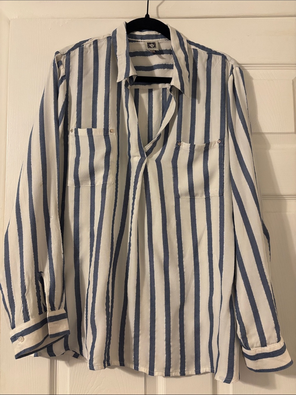 Anne Klein Blue and White Vertical Stripe Button-Down Shirt